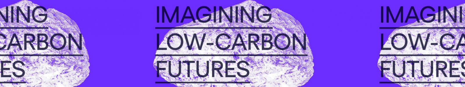 purple banner with white stone-like shape and text 'IMAGINING LOW-CARBON FUTURES'