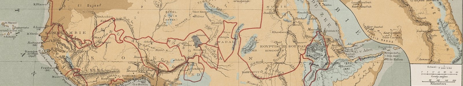 Detail kaart Afrika in de 7e editie Bosatlas, 1885