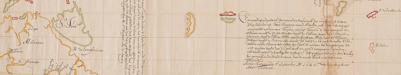 Detail van de kaart van het zuidwestelijk deel van de Stille Oceaan, gesigneerd door Tasman, 1644