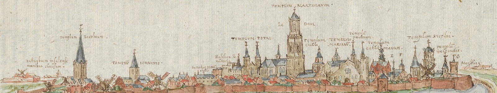 Panorama van Utrecht, door Buchelius, uit handschrift 798 (6 E 15) uit de Bijzondere Collecties van de Universiteitsbibliotheek Utrecht