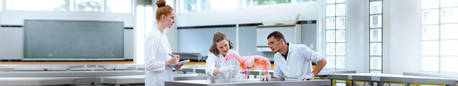Drie studenten in witte jassen en met handschoenen aan kijken naar een object op de tafel