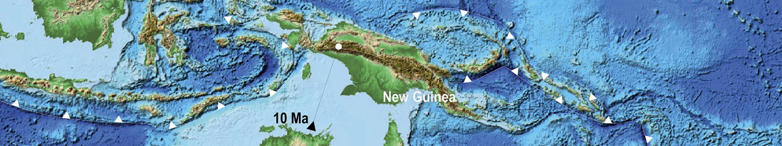 Hoogtekaart van gedeelte Australië, Nieuw-Guinea en Indonesië, met breuklijnen