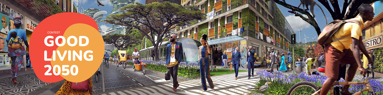 Good Living 2050 logo on digital render of a green, urban environment with black and brown people commuting