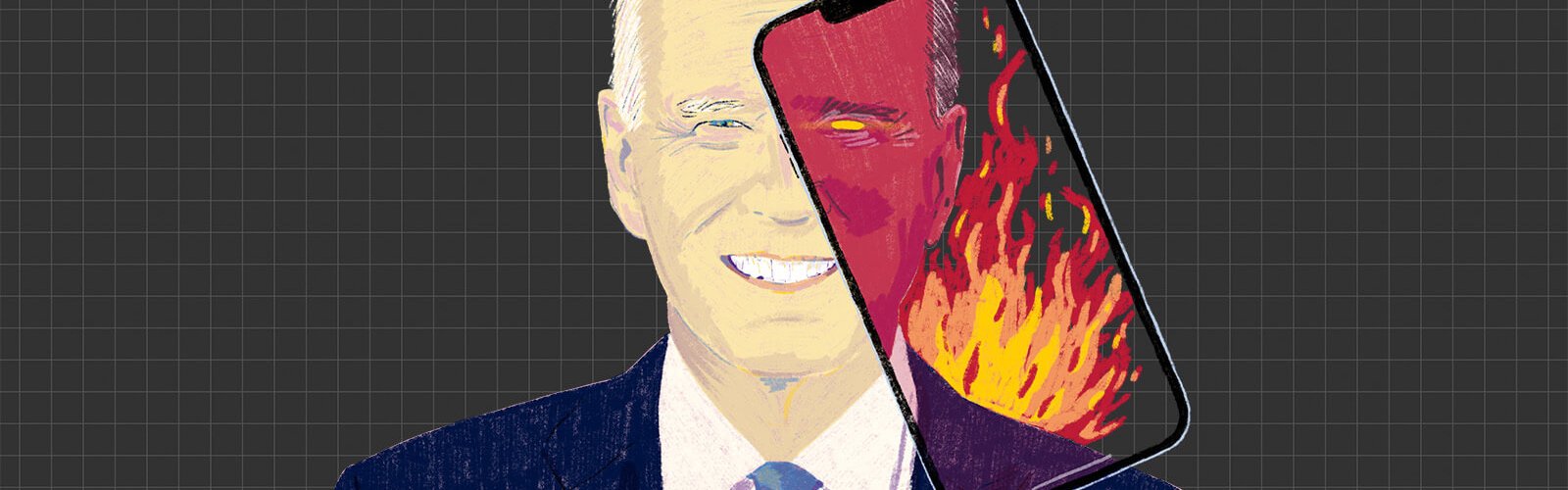Illustration of Joe Biden. Half his face is covered by a phone screen showing a malefic version of him, in an allegory to the incendiary image disinformation portrays him.