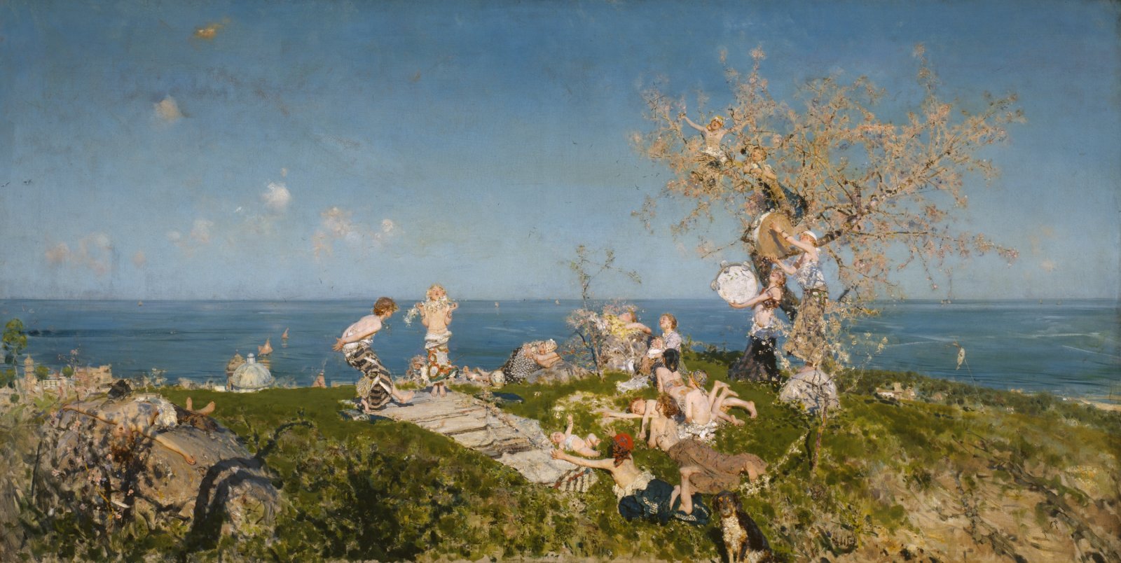 A painting of a large group of people having a picnic on a seaside cliff. It's a clear day, and children climb a tree. Someone holds a drum. A mother sings to her baby, and everyone plays.