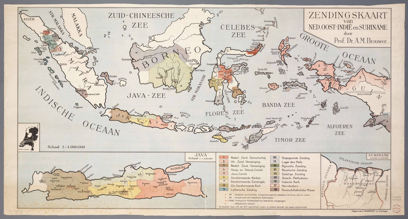 'Zendingskaart van Nederlands Oost-Indie en Suriname', door A.M. Brouwer (Groningen, 1930).