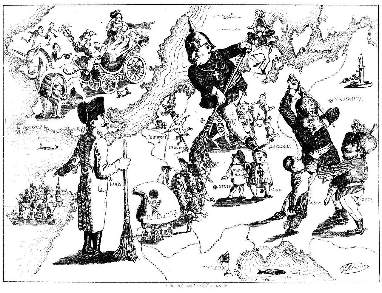 Een karikatuur van Ferdinand Schröder over de nederlaag van de revoluties van 1848-1849 in Europa (gepubliceerd in Düsseldorfer Monatshefte, augustus 1849)