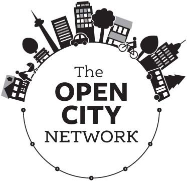 The Open City Network logo is built around a circle with a series of icons to represent urban settings including people, houses, trees, buildings, different modes of transportation and park space. These icons all wrap around the top half of the circle while the bottom half is made up of interconnected dots with lines in between. The name of the network sits in the centre of the circle.