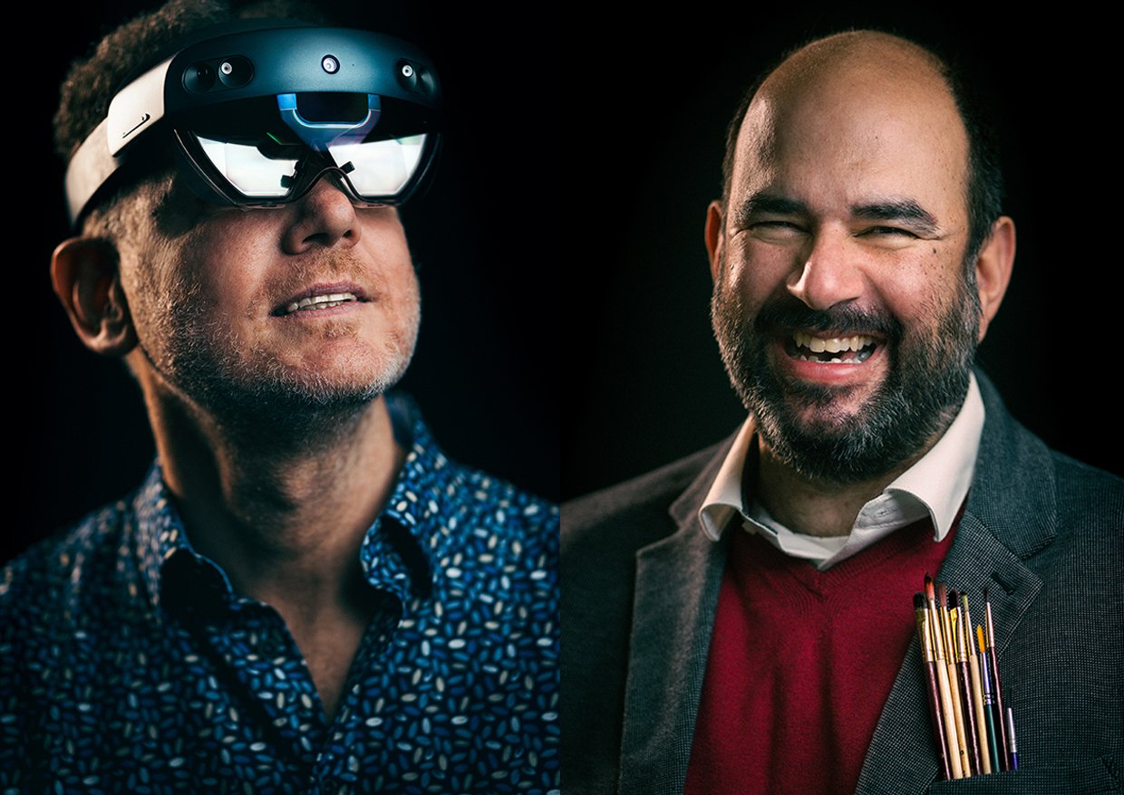 Twee portretten naast elkaar van Berend Hierck met VR bril op en Marco Carvalho met kwasten in zijn borstzak