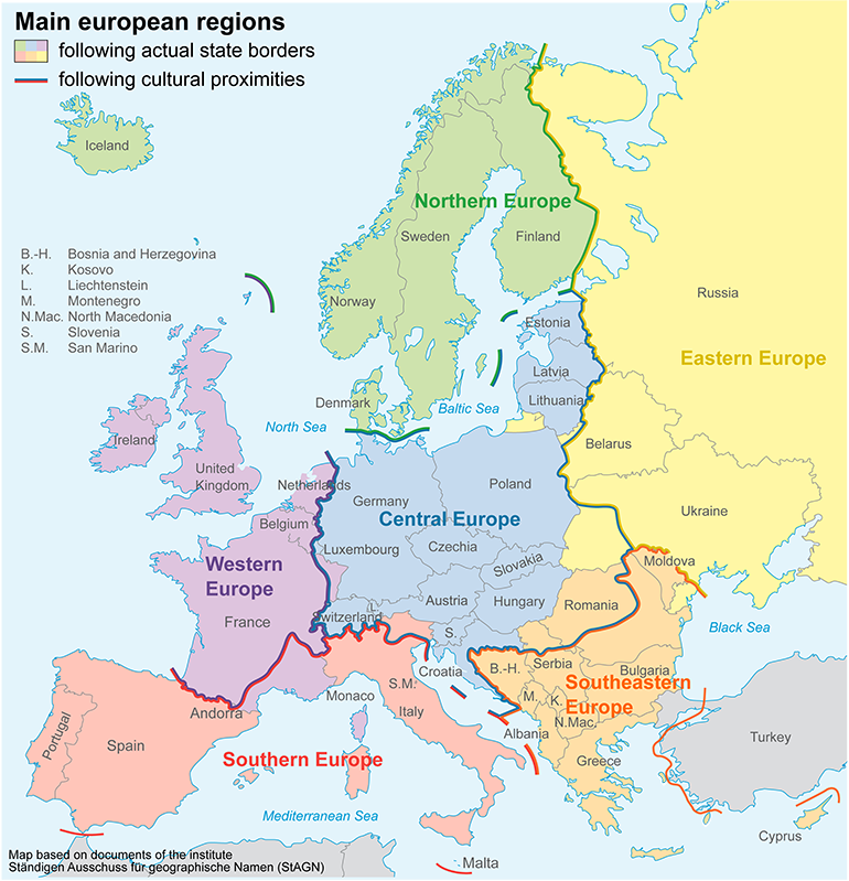 Traditional cultural borders of Europe: usage recommendation by the Standing Committee on Geographical Names, Germany. Source: Wikimedia/Grossgliederung_Europas.svg: NordNordWest