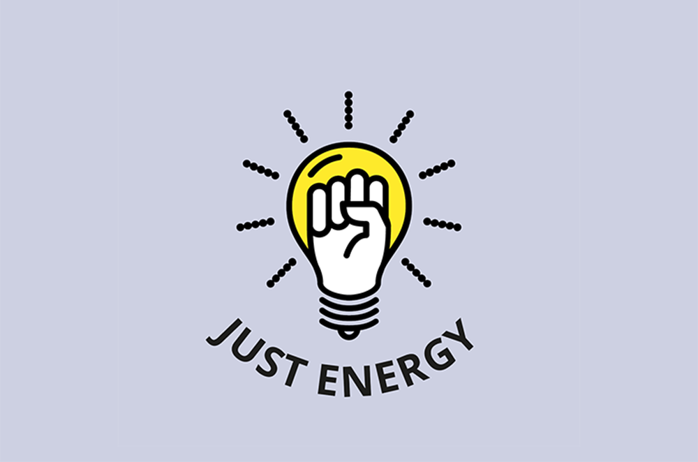 Logo of fist in a yellow ligtbulb 'just energy' on lilac background