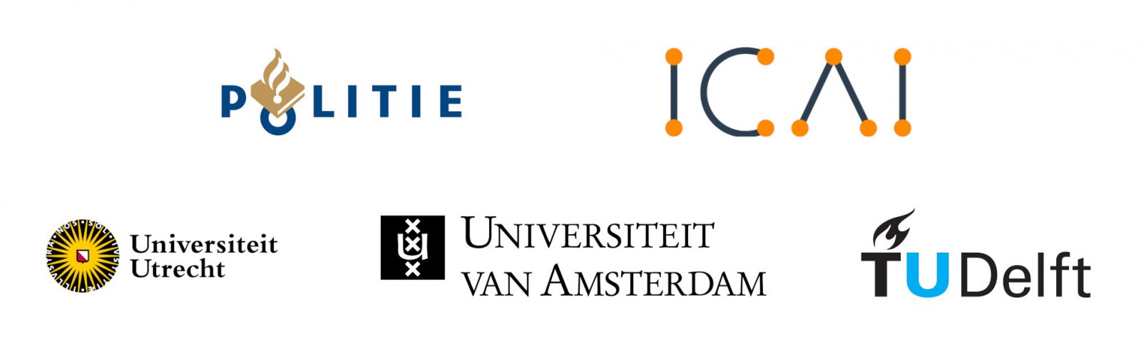 Afbeelding met de logo's van de Nederlandse Politie, ICAI en de drie samenwerkende universiteiten: Universiteit Utrecht, Technische Universiteit Delft en de Universiteit van Amsterdam. 