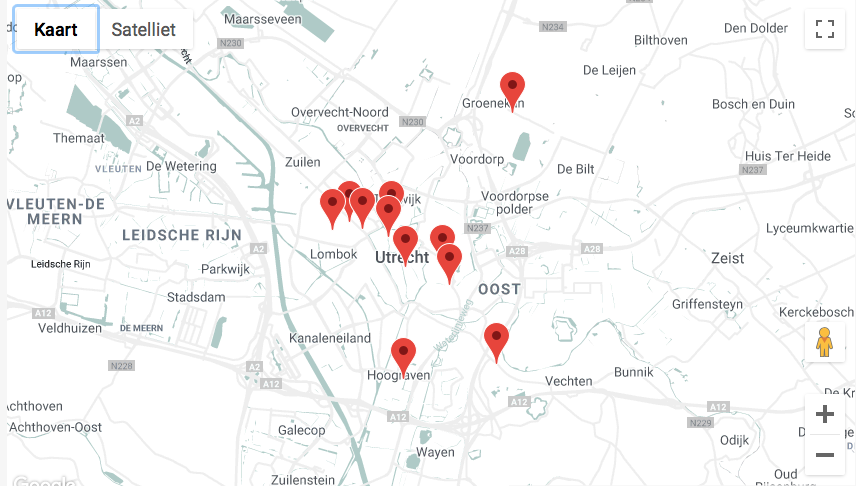 Kaart van Utrecht met de initiatieven op hun locaties