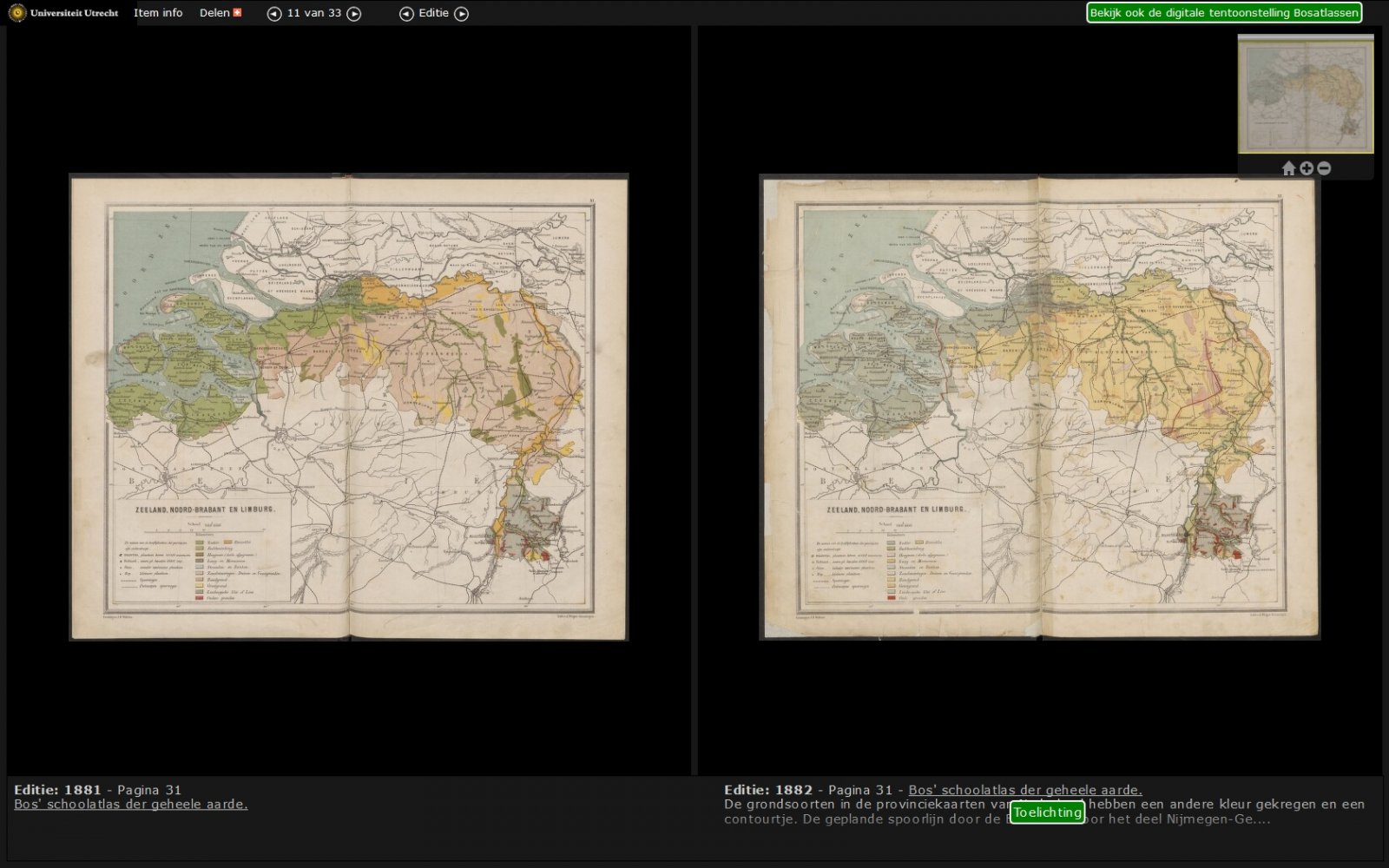 Vergelijkingsviewer met kaart van Zuid-Nederland uit twee opeenvolgende edities van de Bosatlas