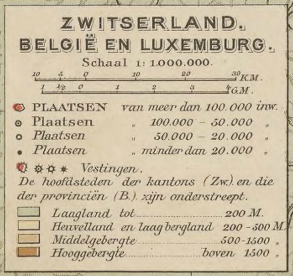Legenda kaart Zwitserland, België en Luxemburg, 14e editie Bosatlas, 1899