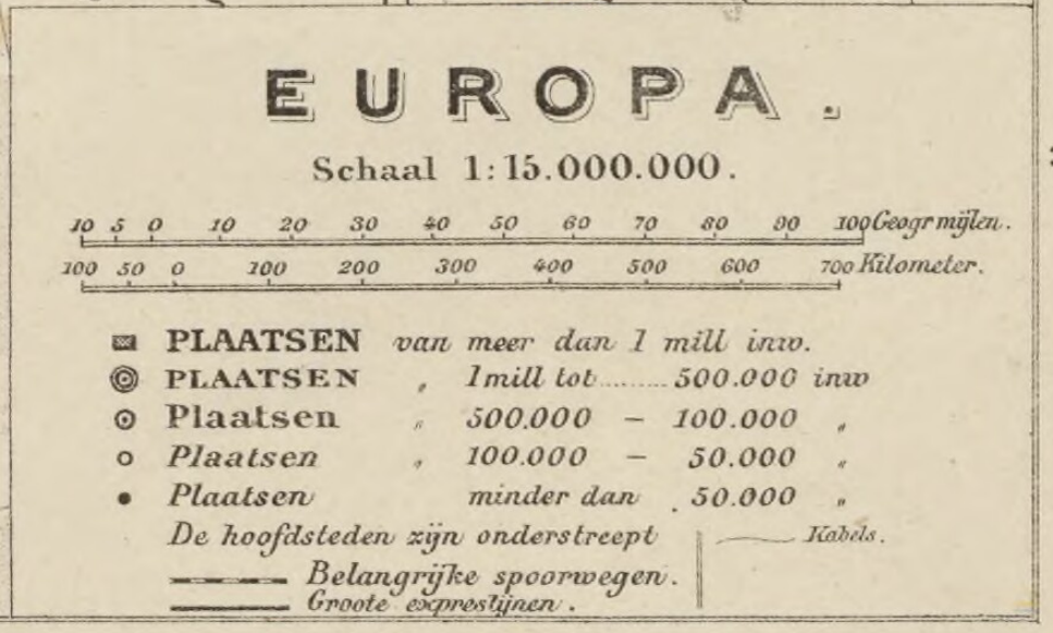 Legenda kaart Europa, 19e editie Bosatlas, 1910