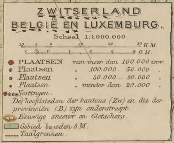 Legenda kaart Zwitserland, België en Luxemburg, 24e editie Bosatlas, 1918