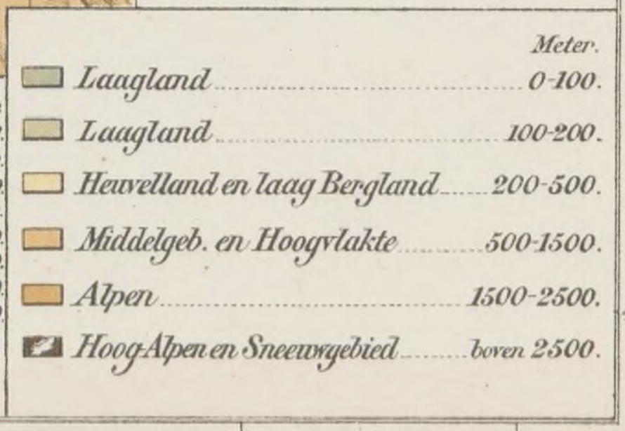 Legenda kaart Alpen 7e editie Bosatlas, 1885
