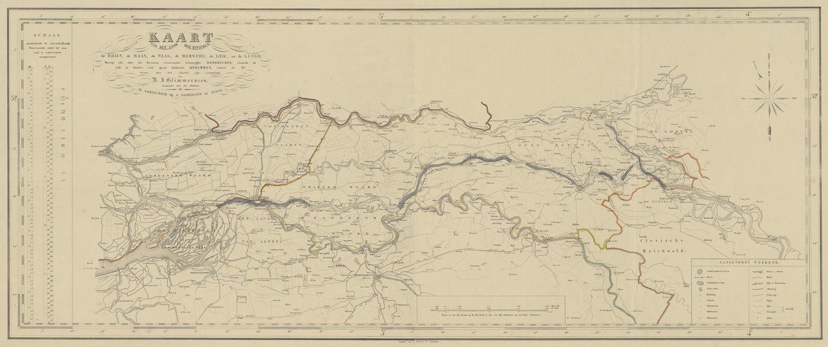 Kaart van het Rivierengebied met de dijkdoorbraken sinds de 15de eeuw, Doenardus Jacobus Glimmerveen, ca. 1845