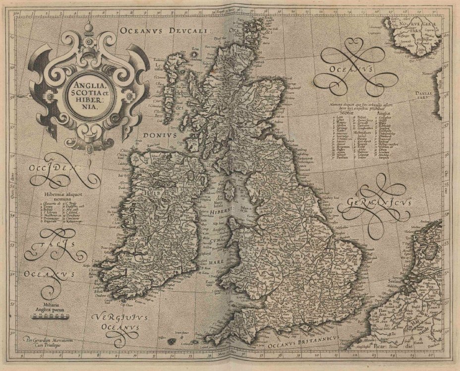 Kaart van de Britse Eilanden in de Atlas van Mercator, 1606