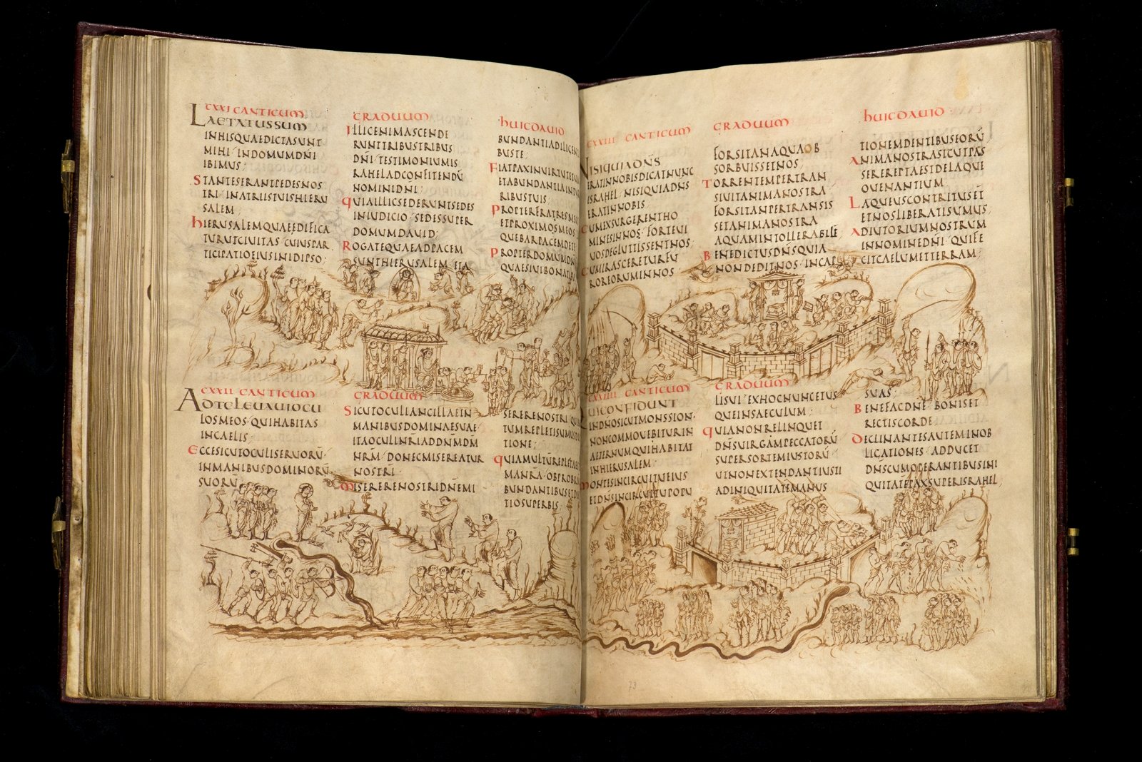Twee pagina's met tekst en tekeningen uit het Utrechtse Psalter
