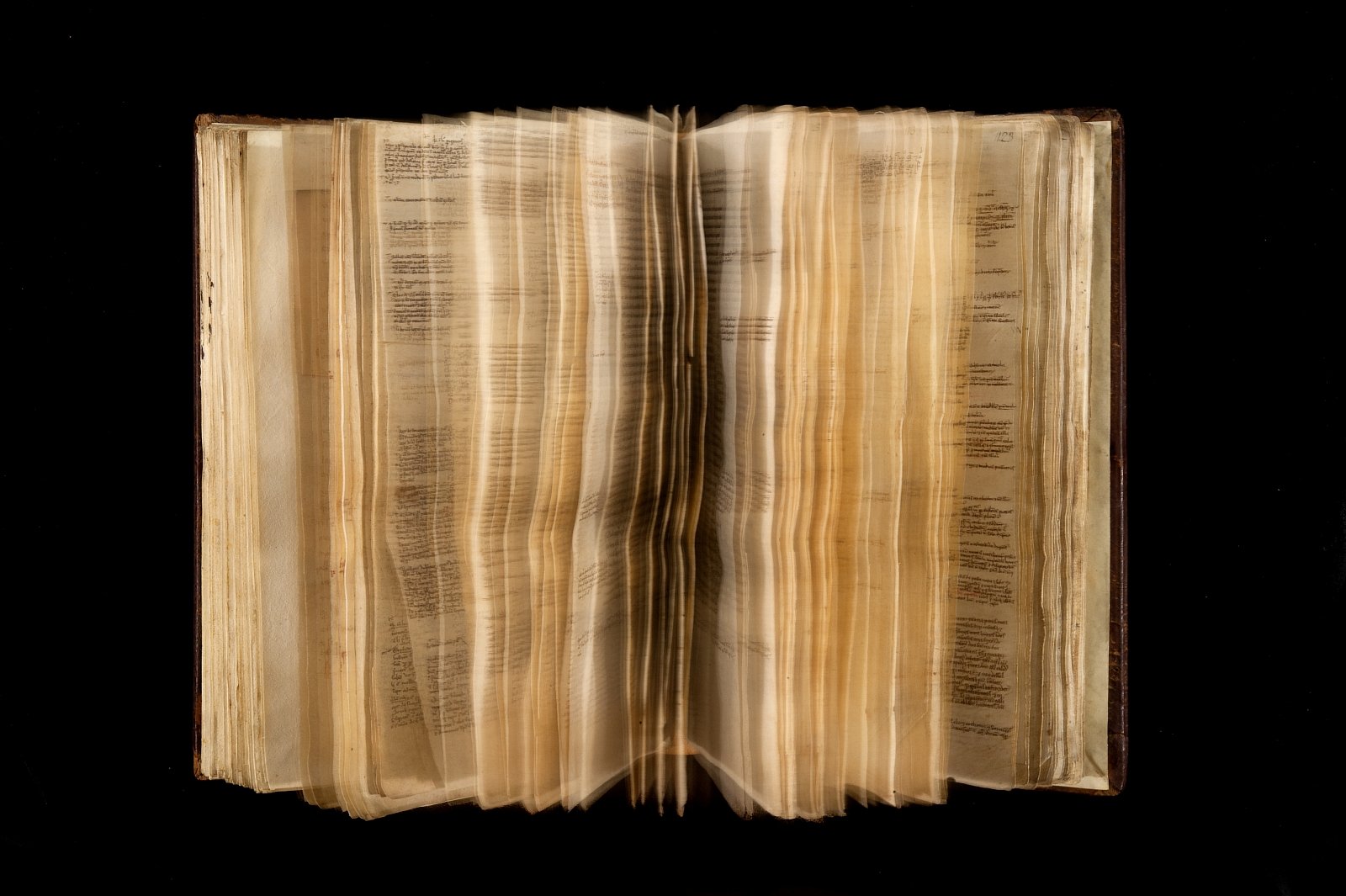 A standing book block of a manuscript with pages fanning out
