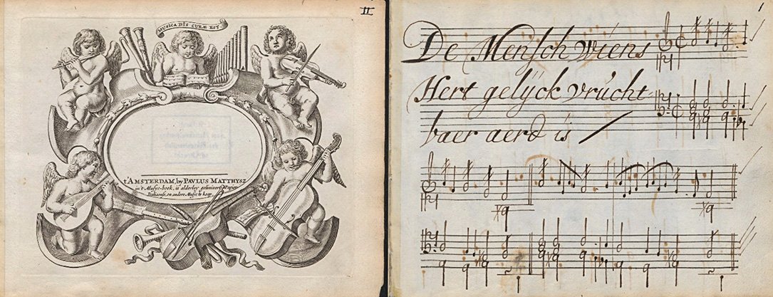 Titelpagina en eerste lied uit het Camphuysen manuscript uit de Bijzondere Collecties van de Universiteitsbibliotheek Utrecht