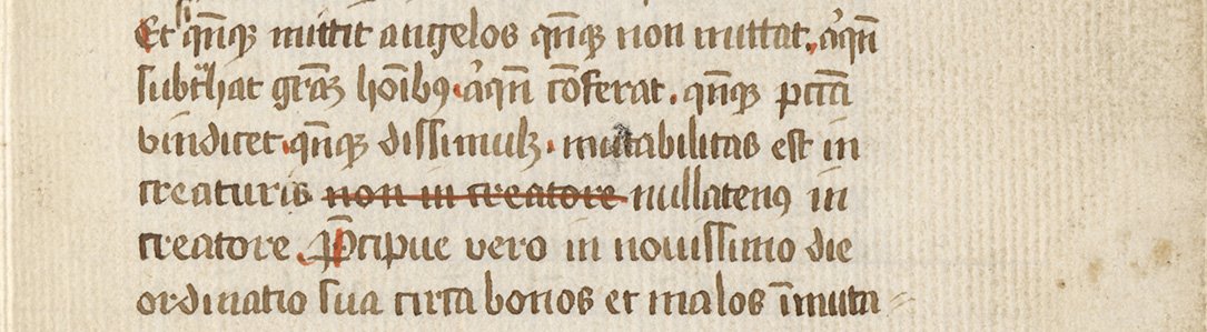 Doorgestreepte tekst in het handschrift op folio 1recto van handschrift 297 uit de Bijzondere Collecties van de Universiteitsbibliotheek Utrecht