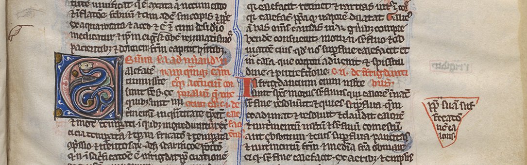 Uitsnede uit fol. 49v van handschrift 681 (4 E 10) met initiaal en aanwijshandje uit de Bijzondere Collecties van de Universiteitsbibliotheek Utrecht