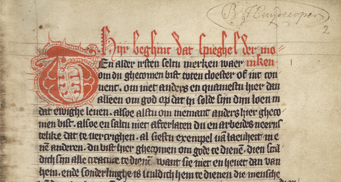 Uitsnede uit fol 2r van handschrift 1020 (5 F 18) uit de Bijzondere Collecties van de Universiteitsbibliotheek Utrecht