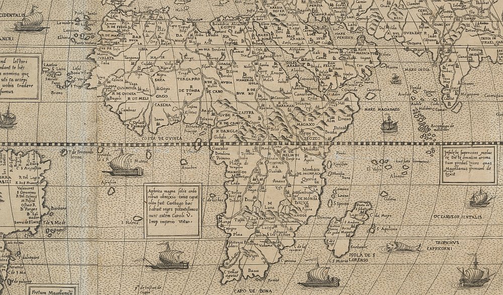 Wereldkaart, Gerard de Jode, 1555 (detail)