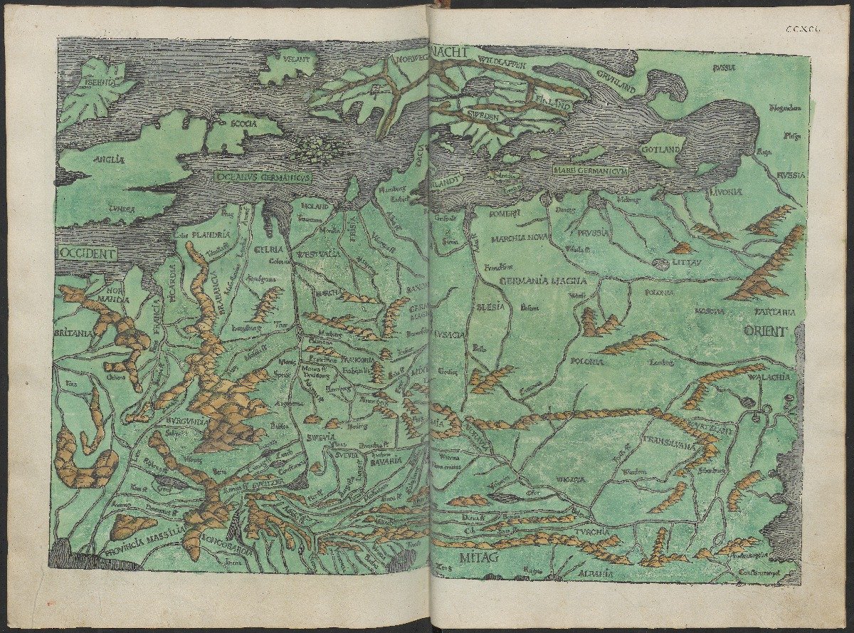 Kaart van Midden- en Noord-Europa in het 'Liber chronicarum', Hartmann Schedel, 1493, topstuk uit de Bijzondere Collecties van de Universiteitsbibliotheek Utrecht