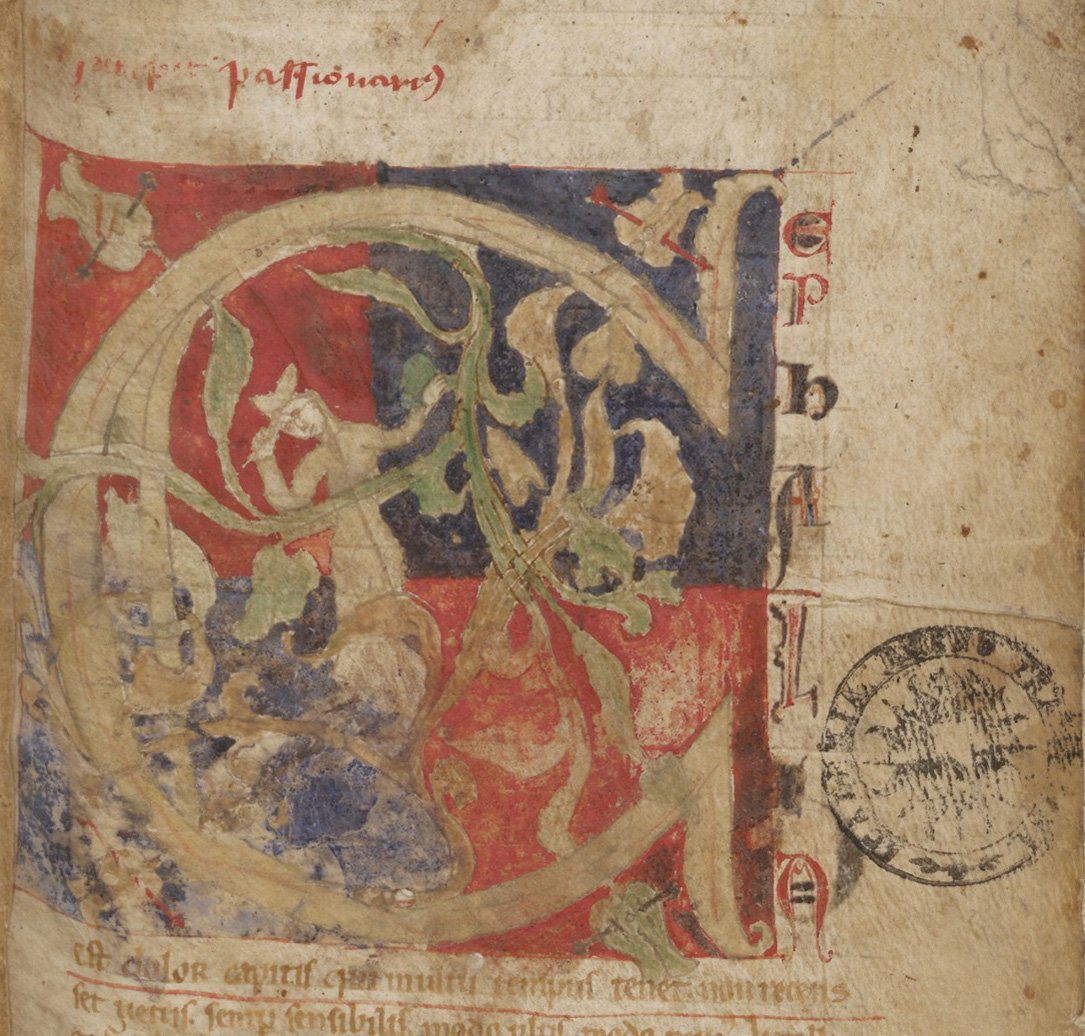 Initiaal op de titelpagina van de Passionarius uit de Bijzondere Collecties van de Universiteit Utrecht