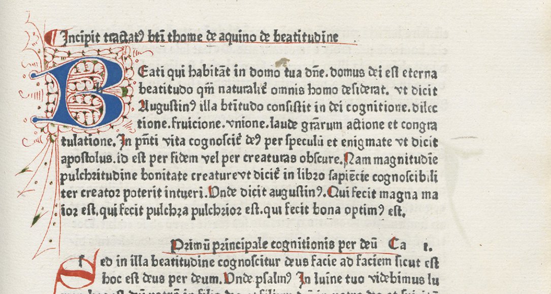Fraai initiaal en gekleurd kapitaal op fol. 11r, ‘De divinis moribus & De beatitudine’, 1474, uit de Bijzondere Collecties van de Universiteitsbibliotheek Utrecht