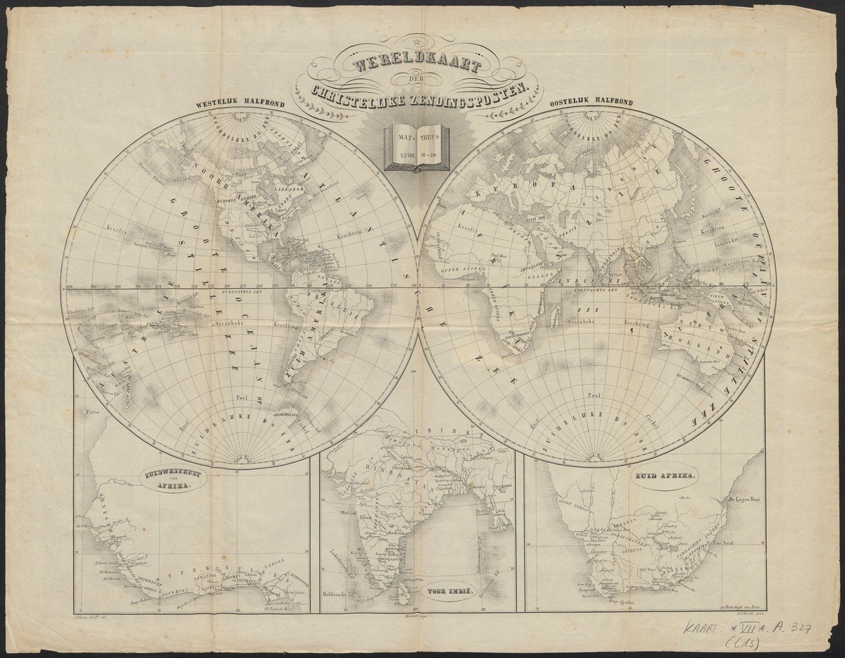 'Wereldkaart der christelijke zendingsposten', door J.A. Groen (auteur) en A.J. Wendel (graveur) (Meerburg impressum, plaats onbekend, 1851)