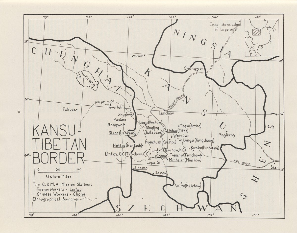‘Kansu-Tibetan border’. In: 'Missionary Atlas: a manual of the foreign work of the Christian and Missionary Alliance', door Alfred C. Snead (Christian Publications, Harrisburg PA: 1950)