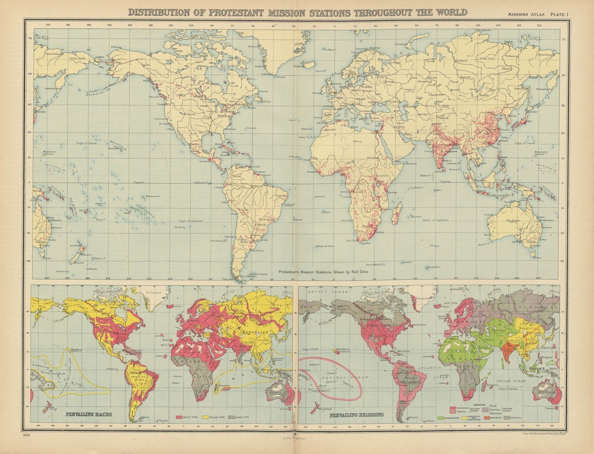 'Distribution of protestant mission stations throughout the world’. In: 'World Missionary Atlas. Containing a directory of missionary societies, classified summaries of statistics, maps showing the location of mission stations throughout the world, a descriptive account of the principal mission lands, and comprehensive indexes' (New York, Institute of Social and Religious Research, 1925). Door Harlan P. Beach and Charles H. Fahs (eds.).
