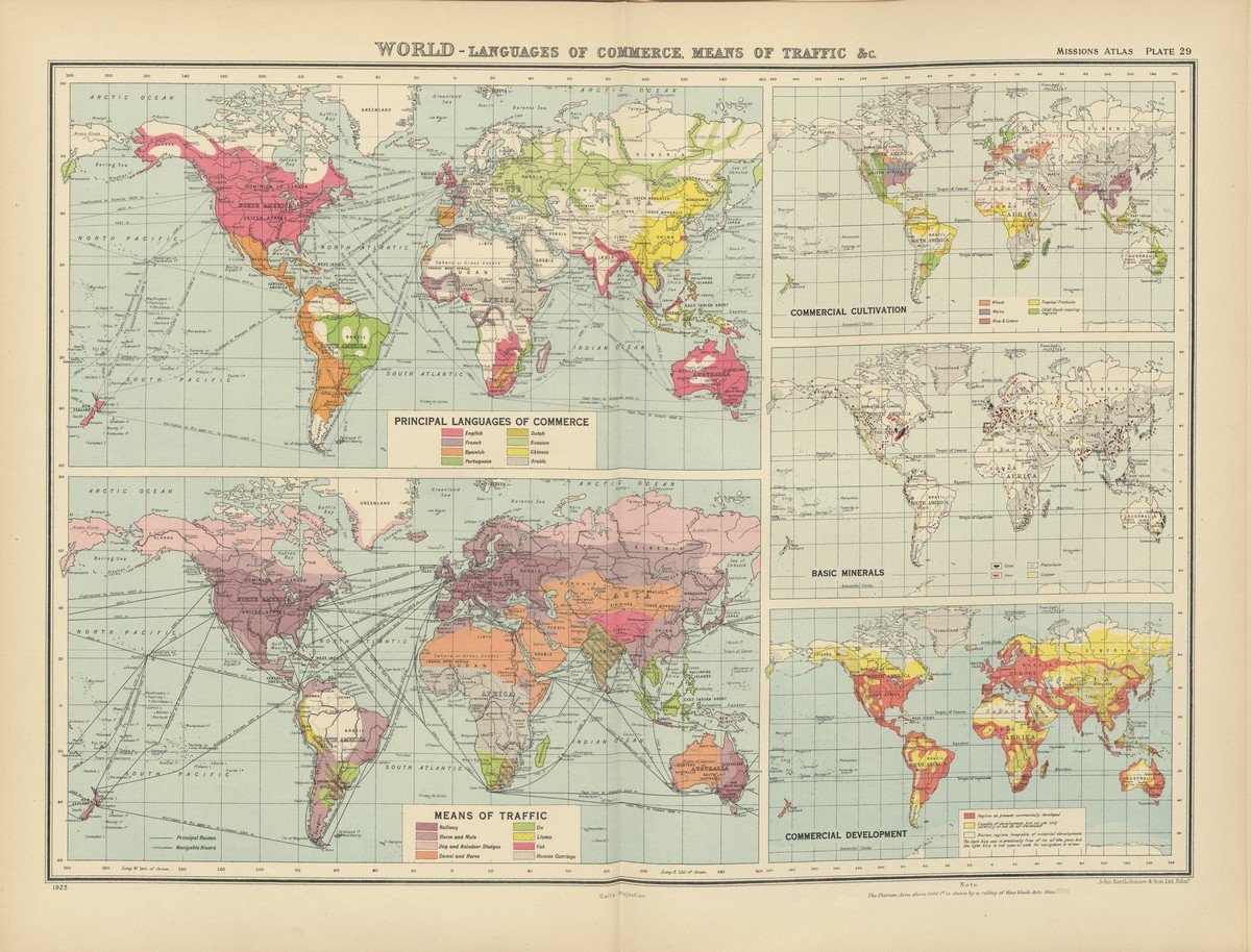 ‘World – languages of commerce, means of traffic &c.’. In: 'World Missionary Atlas. Containing a directory of missionary societies, classified summaries of statistics, maps showing the location of mission stations throughout the world, a descriptive account of the principal mission lands, and comprehensive indexes' (New York, Institute of Social and Religious Research, 1925). Door Harlan P. Beach and Charles H. Fahs (eds.).