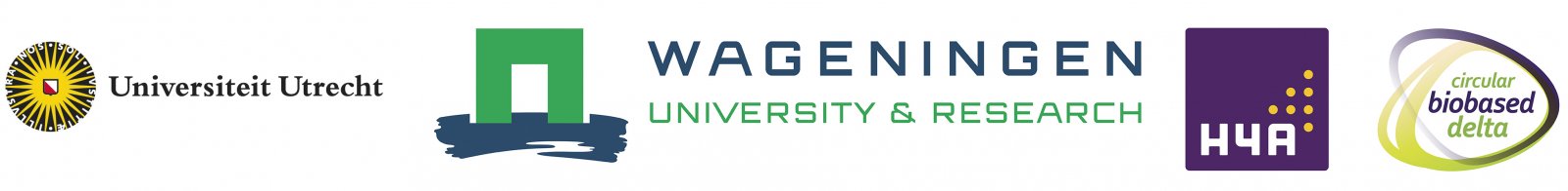 Logo's Universiteit Utrecht, Wageningen University & Research, H4A en Circular Biobased Delta
