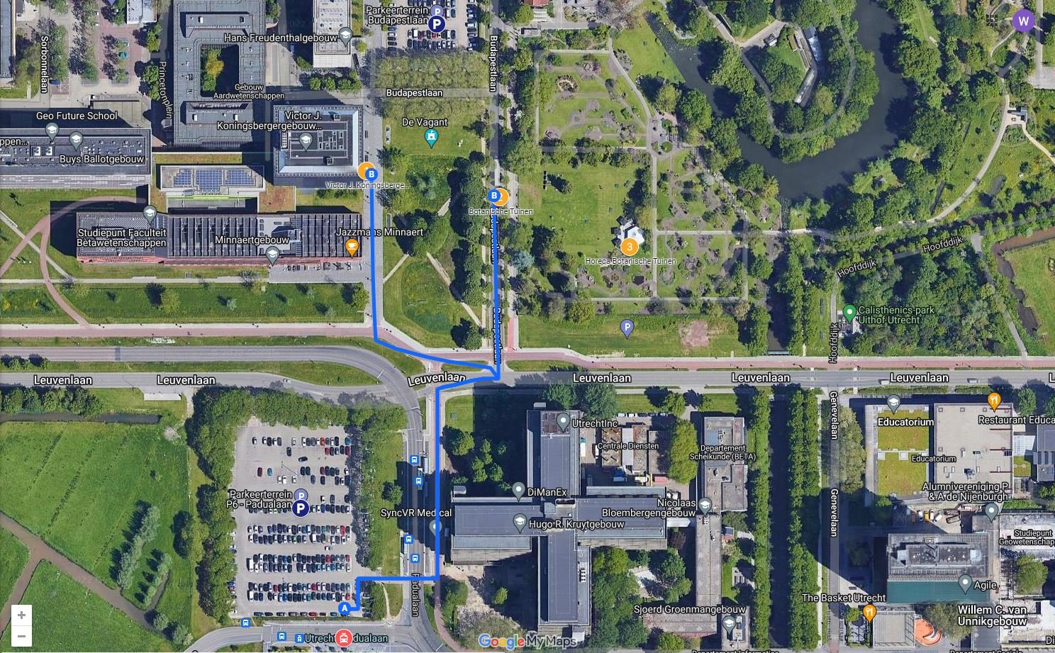 Plattegrond van het Utrecht Science Park met looproutes naar de Botanische Tuinen en de ingang van het Koningsbergergebouw
