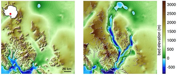 Left: previously constructed image of the Antarctic bedrock. Right: a much more detailed image of the same area, constructed with the new technique.