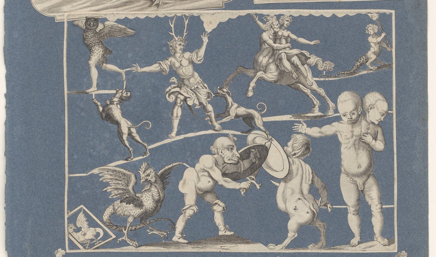 Collage van uitgeknipte prenten geplakt op albumblad van blauw papier, Michael Snijders, ca. 1690-1720 (Rijksmuseum Amsterdam)