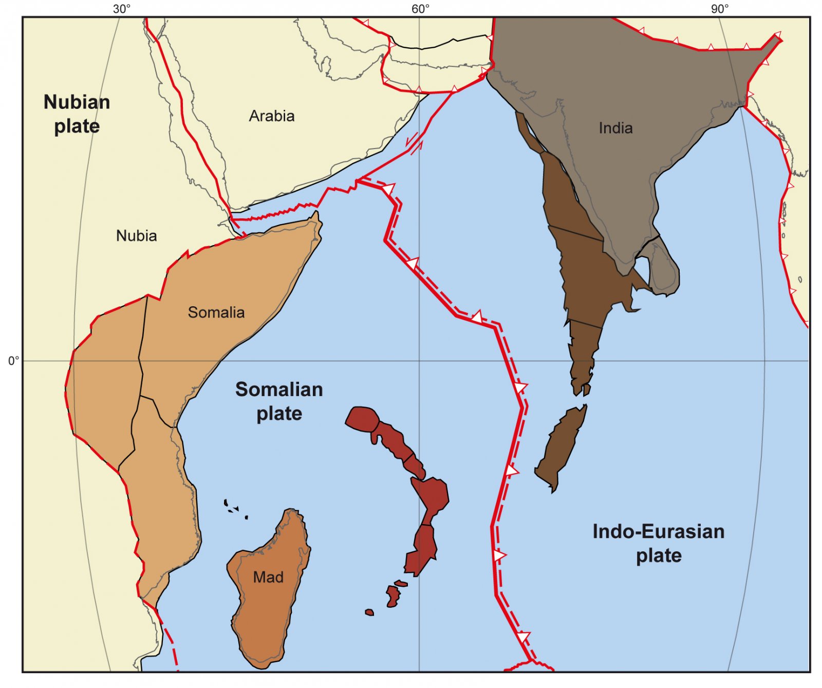 Kaart met Somalische en Indo-Eurazische platen