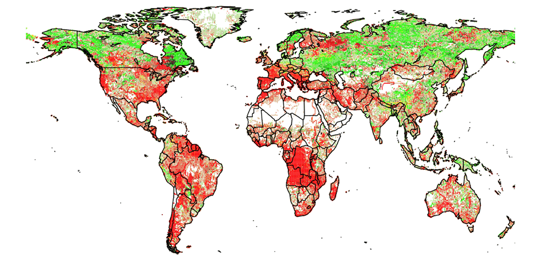 Map showing global increases and decreases in drought severity