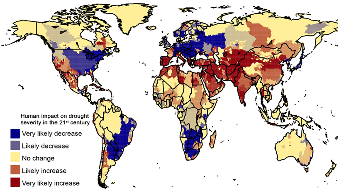 Map showing global human impact on drought severity in the 21st century