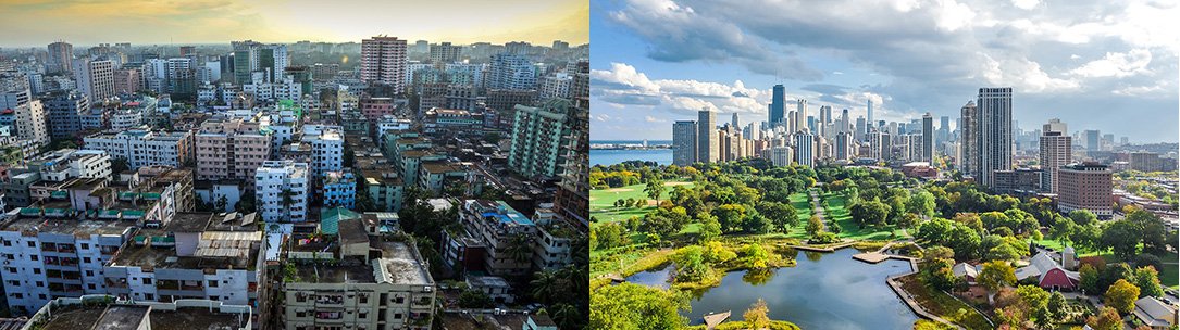 Aerial view of Dhaka, Bangladesh and Chicago, USA