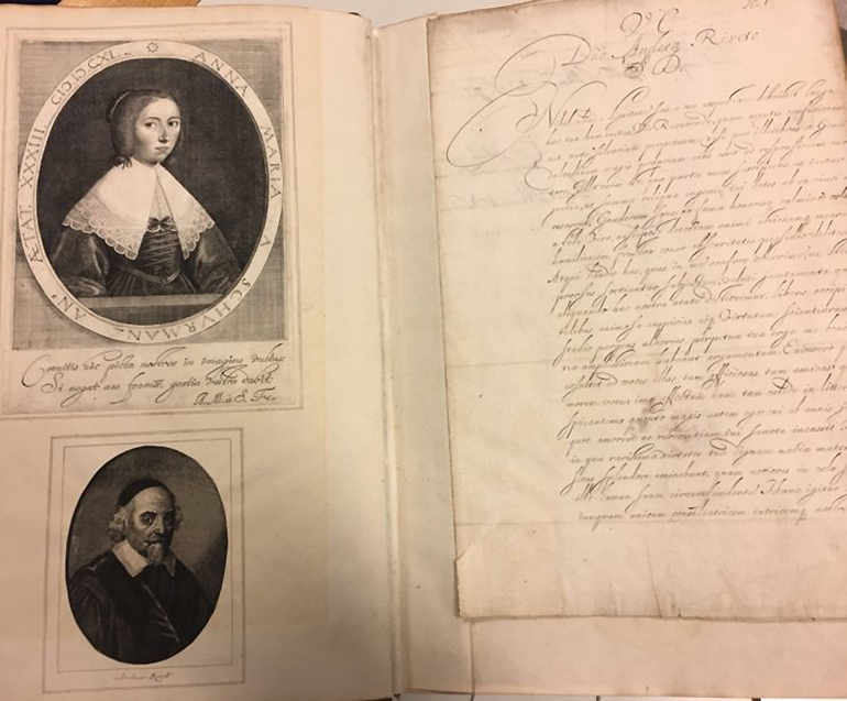 Koninklijk Bibliotheek Den Haag KW 133 B 8: A collection of 74 of van Schurman’s autograph letters including this letter to André Rivet, accompanied by their portraits