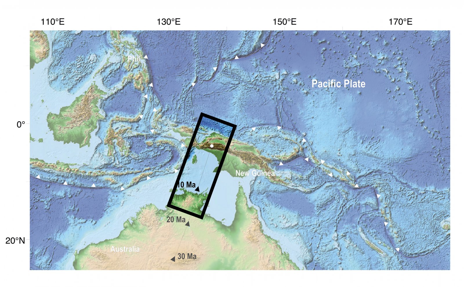 Hoogtekaart van gedeelte Australië, Nieuw-Guinea en Indonesië, met breuklijnen en omkadering van het onderzochte gebied