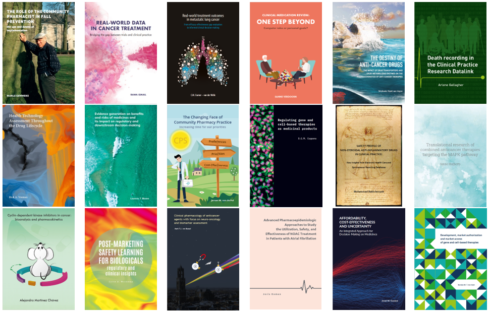 A collection of cover illustrations of the most recent PhD theses. Whereas most covers of academic publications are a plain white with minimal text, the covers shown here have unique design choices and are abundent in color.