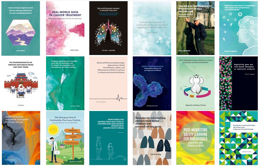 A collection of cover illustrations of the most recent PhD theses. Whereas most covers of academic publications are a plain white with minimal text, the covers shown here have unique design choices and are abundant in colour.